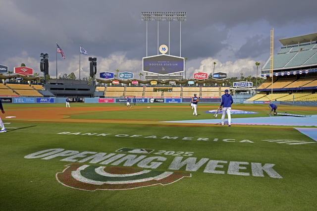 Mar 31, 2025; Los Angeles, California, USA;  General view of the field prior to the game between the Los Angeles Dodgers and the Atlanta Braves at Dodger Stadium. Mandatory Credit: Jayne Kamin-Oncea-Imagn Images