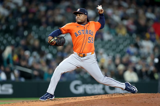 SEATTLE, WASHINGTON - APRIL 08: Framber Valdez #59 of the Houston Astros pitches during the third inning against the Seattle Mariners at T-Mobile Park on April 08, 2025 in Seattle, Washington.