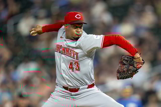 Sep 13, 2024; Minneapolis, Minnesota, USA; Cincinnati Reds pitcher Alexis Díaz (43) delivers a pitch against the Minnesota Twins in the ninth inning at Target Field. Mandatory Credit: Jesse Johnson-Imagn Images/File photo