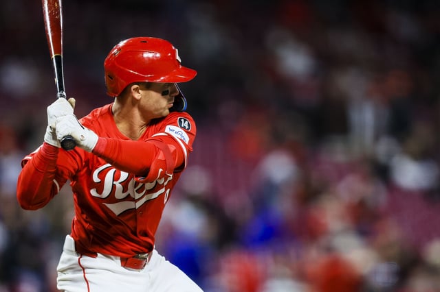 Apr 1, 2025; Cincinnati, Ohio, USA; Cincinnati Reds second baseman Matt McLain (9) at bat in the seventh inning against the Texas Rangers at Great American Ball Park. Mandatory Credit: Katie Stratman-Imagn Images/File photo