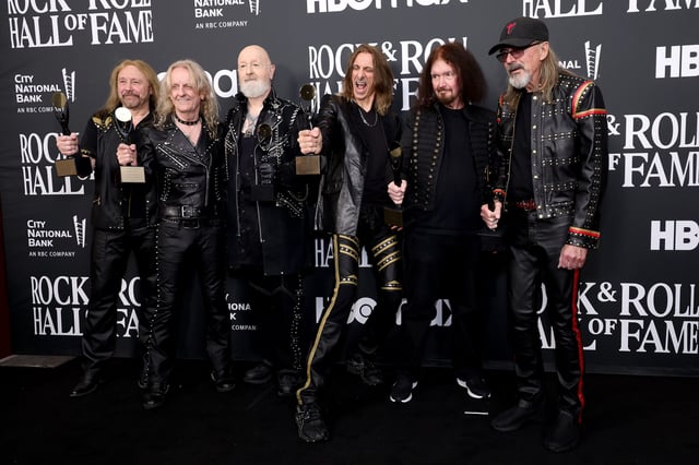 Ian Hill, K. K. Downing, Rob Halford, Scott Travis, Les Binks and Glenn Tipton of Judas Priest pose in the press room during the 37th Annual Rock & Roll Hall of Fame Induction Ceremony at Microsoft Theater on Nov, 5, 2022 in Los Angeles.