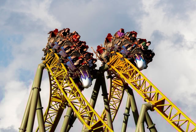 Guests ride Stardust Racers, a new dueling roller coaster ride in Celestial Park, during a preview day for Universal Epic Universe on April 5, 2025, in Orlando, Fla. 