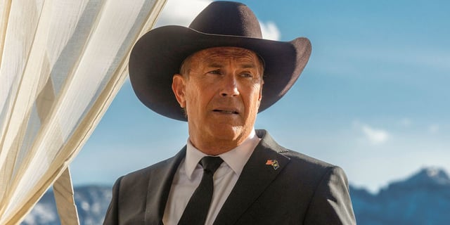Kevin Costner as John Dutton looking at a person offscreen on the 'Yellowstone' Season 5 Part 1 poster.