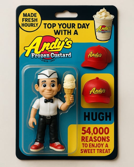 Andy's Frozen Custard used OpenAI's ChatGPT to create this mascot-inspired digital action figurine, shared to social media on April 14, 2025. However, an Andy's graphic designer had to alter the AI-generated figurine, as AI spelled certain words incorrectly, the custard cone did not look correct and the Andy's logo did not translate well on the red hat.