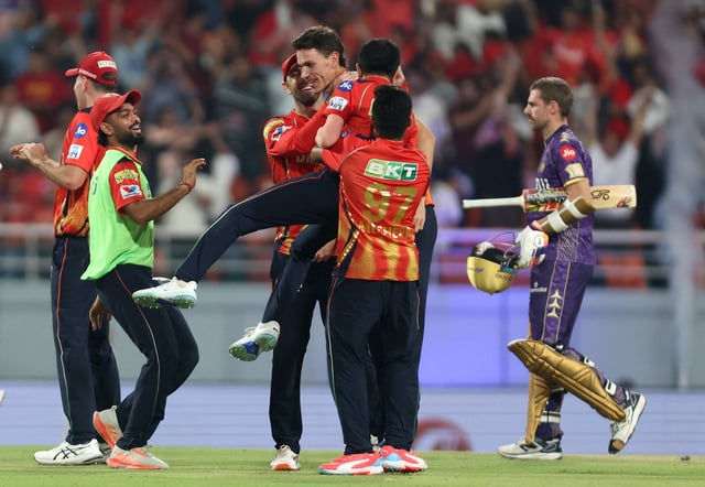 Cricket - Indian Premier League - IPL - Punjab Kings v Kolkata Knight Riders - Maharaja Yadavindra Singh International Cricket Stadium, New Chandigarh, India - April 15, 2025 Punjab Kings players celebrate after winning the match REUTERS/Amit Dave