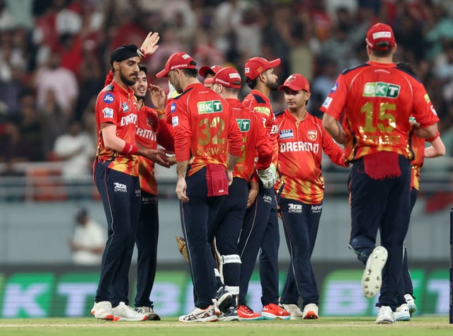 Cricket - Indian Premier League - IPL - Punjab Kings v Kolkata Knight Riders - Maharaja Yadavindra Singh International Cricket Stadium, New Chandigarh, India - April 15, 2025 Punjab Kings players celebrate after winning the match REUTERS/Amit Dave