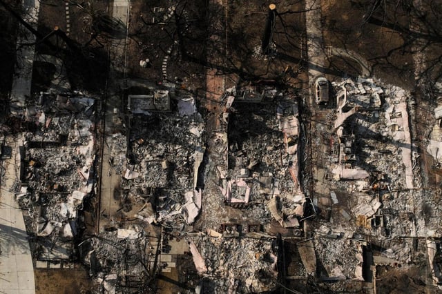 An aerial photo shows the charred homes of Louise Hamlin, center left, and Chris Wilson, center right, after the Eaton Fire in Altadena, Calif., Thursday, Jan. 30, 2025. (AP Photo/Jae C. Hong)