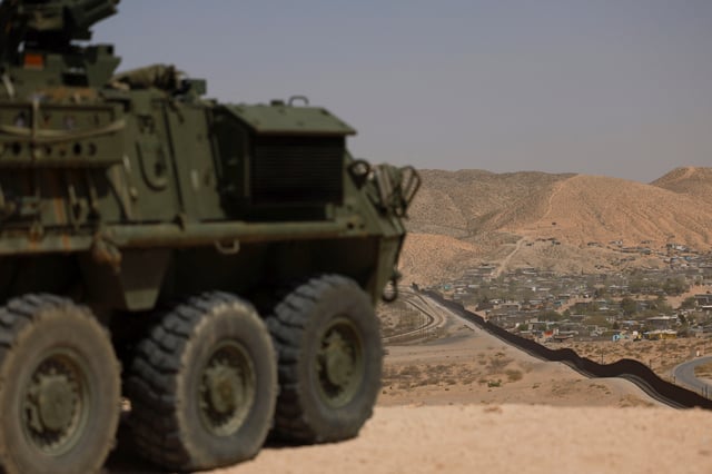 A U.S. Army Stryker armored vehicle is seen near at the U.S.-Mexico border in Sunland Park, New Mexico, U.S., March 28, 2025. REUTERS/Jose Luis Gonzalez/File Photo