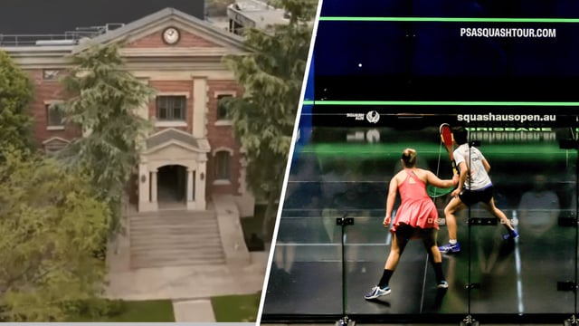 Courthouse square on the Universal Studios lot is pictured (left) next to players competing at squash.

