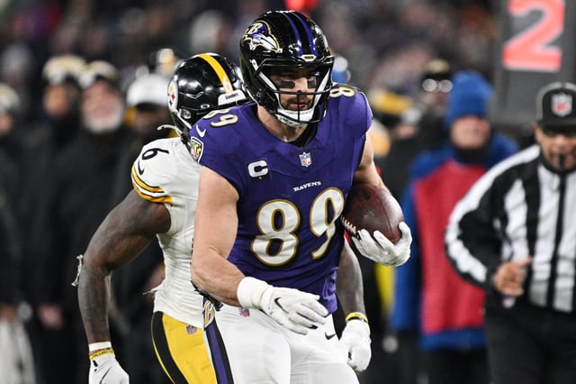 Jan 11, 2025; Baltimore, Maryland, USA; Baltimore Ravens tight end Mark Andrews (89) against Pittsburgh Steelers linebacker Patrick Queen (6) in the second quarter in an AFC wild card game at M&T Bank Stadium. Mandatory Credit: Tommy Gilligan-Imagn Images/File photo