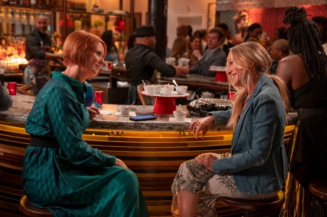 Cynthia Nixon as Miranda Hobbes and Sarah Jessica Parker as Carrie Bradshaw on Season 3 of "And Just Like That..."