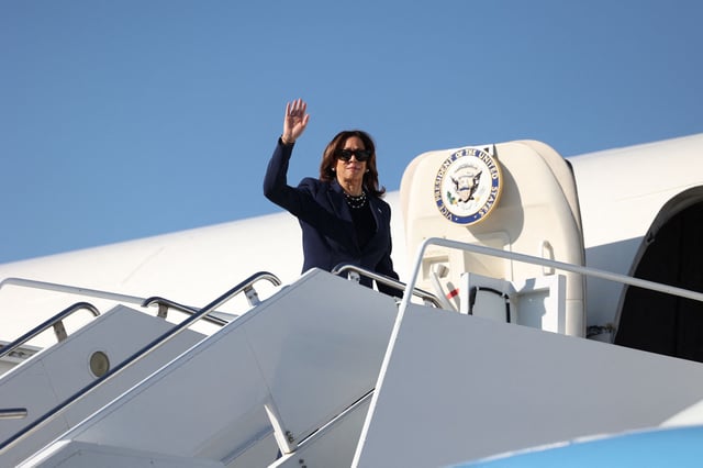 Vice President and Democratic presidential candidate Kamala Harris boards Air Force Two at Harry Reid International Airport in Las Vegas on Sept. 30, 2024.
