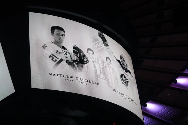 Sep 24, 2024; New York, New York, USA; A tribute to the late Johnny Gaudreau and his brother Matthew Gaudreau is shown on the screen before the first period of a game between the New York Rangers and the New York Islanders at Madison Square Garden. Mandatory Credit: Danny Wild-Imagn Images/File photo
