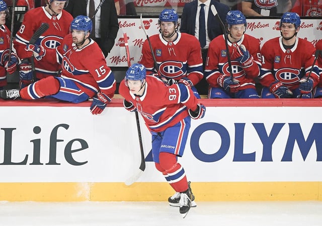 Montreal Canadiens' Ivan Demidov (93) comes off the bench during first period NHL hockey action against the Chicago Blackhawks in Montreal, Monday, April 14, 2025. 