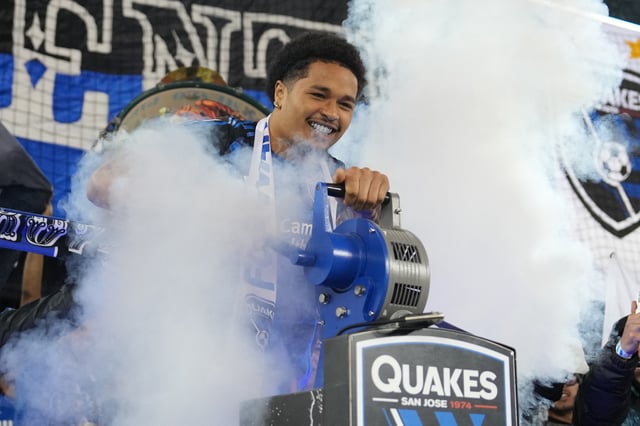 Mar 8, 2025; San Jose, California, USA; California Golden Bears running back Jaydn Ott fires the San Jose Earthquakes siren before the game against Minnesota United at PayPal Park. Mandatory Credit: Darren Yamashita-Imagn Images/File photo