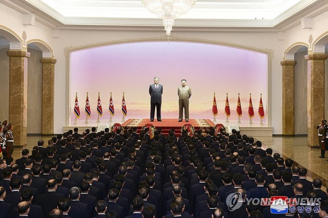 This file image, published by the Korean Central News Agency on Feb. 17, 2025, shows North Korean officials paying their respects at the Kumsusan Palace of the Sun on the Feb. 16, 2025, birth anniversary of late leader Kim Jong-il. (For Use Only in the Republic of Korea. No Redistribution) (Yonhap)