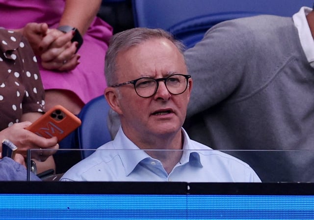 Tennis - Australian Open - Women's Singles Final - Melbourne Park, Melbourne, Australia - January 28, 2023 Australia's Prime Minister Anthony Albanese is pictured in the stands ahead of the final match between Kazakhstan’s Elena Rybakina and Belarus’ Aryna Sabalenka REUTERS/Loren Elliott