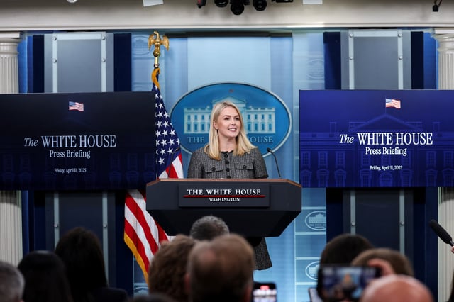 White House Press Secretary Karoline Leavitt speaks to members of the media, in the briefing room at the White House in Washington, D.C., U.S., April 11, 2025. REUTERS/Kevin Mohatt