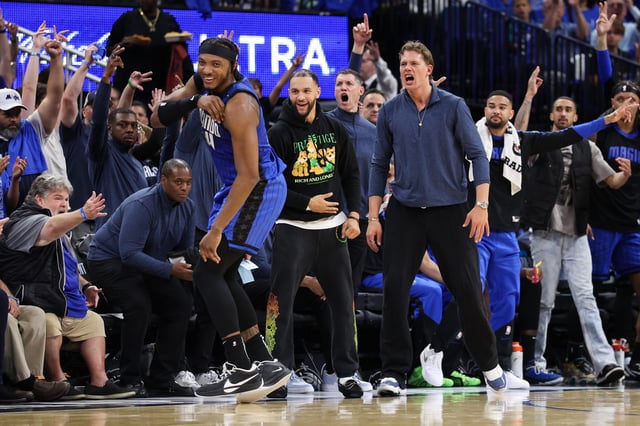 Magic center Wendell Carter Jr. reacts after making a three-pointer against the Hawks in the second quarter at Kia Center.