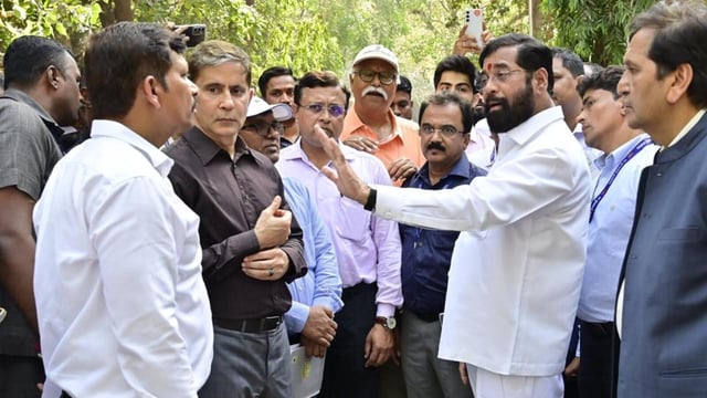 Mumbai, India - April 15, 2025:Deputy Chief Minister Eknath Shinde along with BMC Commissioner Bhushan Gagrani and Additional Municipal Corporation Commissioner (Projects) Abhijit Bangar, inspected the ongoing concrete road works in Mumbai City and Eastern Suburbs Division, at Bombay Hospital, Fort, in Mumbai, India, on Tuesday, April 15, 2025. (Photo by Anshuman Poyrekar/ Hindustan Times) (Hindustan Times)
