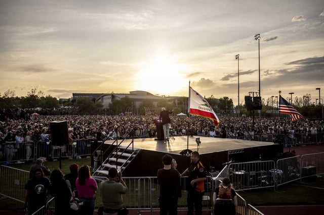 Sen. Bernie Sanders speaks during a rally at Folsom Lake College in Folsom on April 15, 2025.