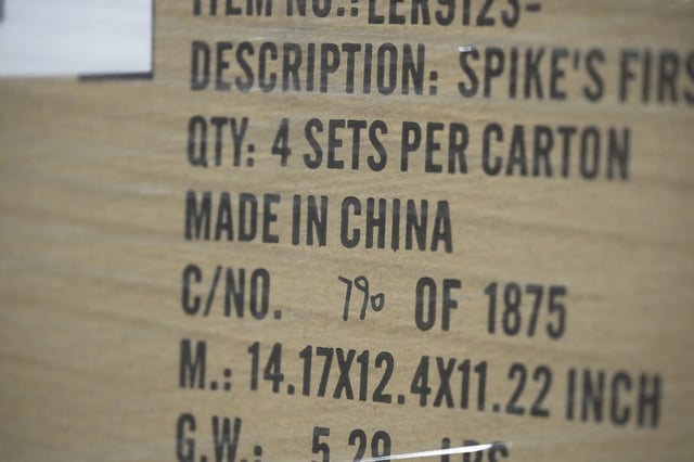 A parcel for Learning Resources, an educational toy company whose products are manufactured in China, is shown at a warehouse in Vernon Hills, Ill., Friday, April 11, 2025. (AP Photo/Nam Y. Huh)
