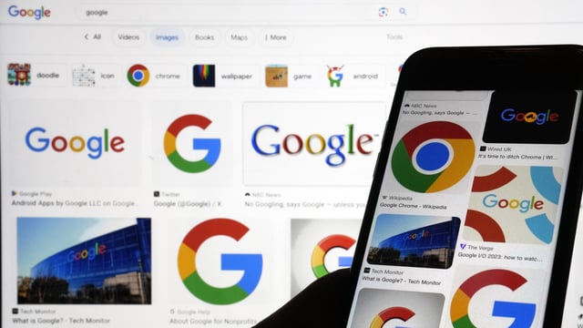 Google logos are shown when searched on Google in New York, Sept. 11, 2023.