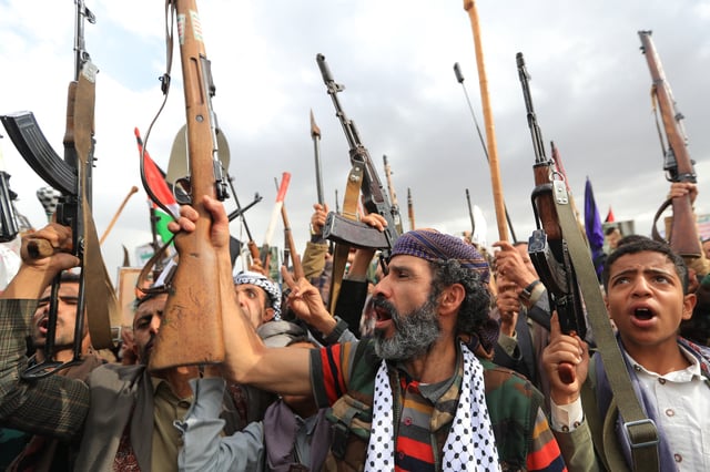 Supporters of Yemen&#39;s Huthi rebels attend a gathering to mark annual Quds (Jerusalem) Day commemorations in Sanaa on March 28, 2025.
