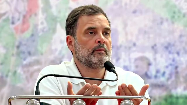 Congress leader Rahul Gandhi addresses district workers convention at Modasa, Aravalli district of Gujarat. 
