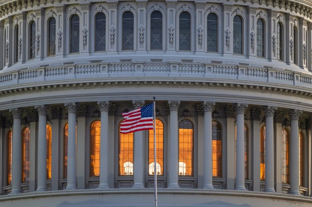 The setting sun shines through the windows in the U.S. Capitol Building Rotunda on June 24, 2024, in Washington, D.C.