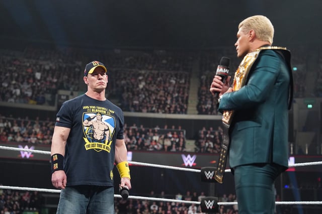 Cody Rhodes (right) speaks to John Cena during WWE Raw at OVO Hydro in Glasgow, Scotland on March 24, 2025.