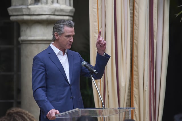 California Gov. Gavin Newsom announces "Vogue World: Hollywood," a fashion event that celebrates the conversation between film and fashion scheduled for October 2025, at a news conference at Chateau Marmont in Los Angeles, Wednesday, March 26, 2025. (AP Photo/Damian Dovarganes)