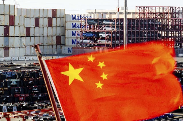 A Chinese flag flies from a ship at the Port of Oakland on April 15, 2025.