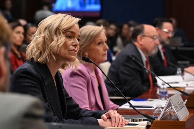 (L-R) President/CEO of NPR Katherine Maher and President/CEO of PBS Paula Kerger testify during a House Oversight and Government Reform Committee hearing on Capitol Hill on March 26, 2025 in Washington, DC.