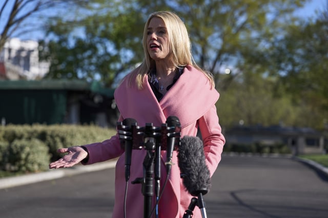 Attorney General Pam Bondi speaks with reporters at the White House, Tuesday, April 8, 2025, in Washington. (AP Photo/Evan Vucci)