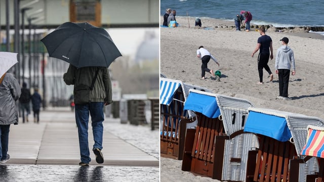 In Köln (Nordrhein-Westfalen) regnet es, in Kühlungsborn (Mecklenburg-Vorpommern) scheint die Sonne.