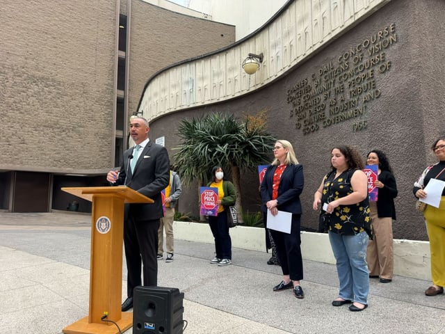 San Diego City Councilperson Sean Elo-Rivera at a brief press conference Tuesday before a City Council vote on banning algorithm-based rental software like RealPage (Phillip Molnar/The San Diego Union-Tribune)