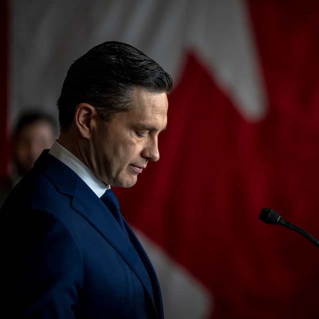 MONTREAL, CANADA - APRIL 14: Canada's Conservative Party Leader Pierre Poilievre speaks at a press conference during a campaign event on April 14, 2025 at the Holiday Inn & Suites in Montreal, Canada. Pierre Poilievre made an announcement that, if elected, he will be tougher on crime by restoring consecutive sentences for mass murderers. (Photo by Andrej Ivanov/Getty Images)