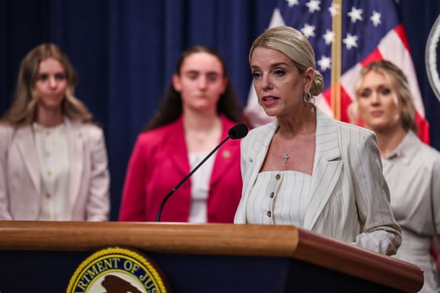 U.S. Attorney General Pam Bondi attends a press conference, as she unveils actions against the state of Maine, which is locked in a dispute with the Trump administration over transgender policy, at the Justice Department in Washington, D.C., U.S., April 16, 2025. REUTERS/Leah Millis


