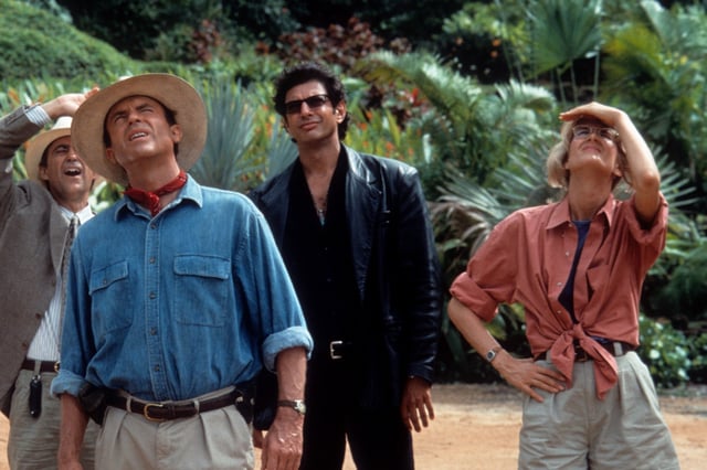 L-R: Sam Neill, Jeff Goldblum and Laura Dern look up in a scene from the film &#34;Jurassic Park&#34;, 1993.