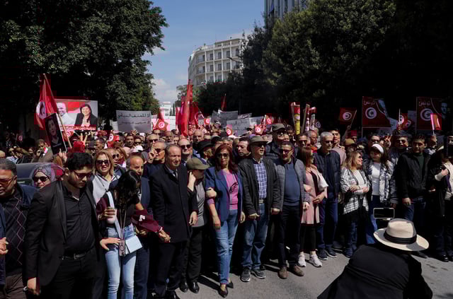 Supporters of Free Constitutional Party, whose leader Abir Moussi has been detained for two years, gather during a protest against Tunisian president Kais Saied in Tunis, Tunisia, April 9, 2025. REUTERS/Jihed Abidellaoui/File Photo