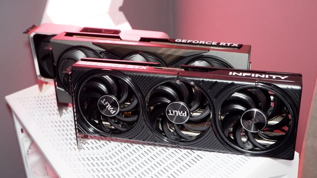 Two RTX 5060 Ti graphics cards lined up next to an RTX 4060 Ti.