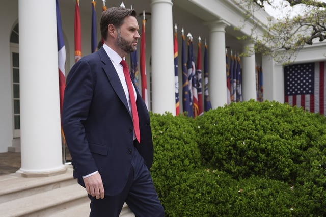 Vice President JD Vance arrives before President Donald Trump speaks during an event to announce new tariffs in the Rose Garden of the White House, Wednesday, April 2, 2025, in Washington. (AP Photo/Evan Vucci)