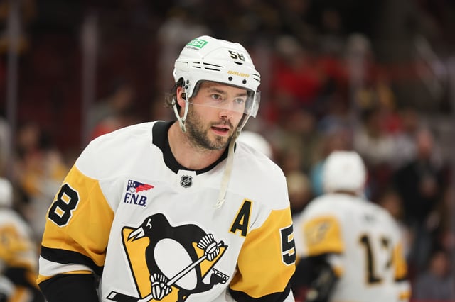 Apr 6, 2025; Chicago, Illinois, USA; Pittsburgh Penguins defenseman Kris Letang (58) warms up before a game against the Chicago Blackhawks at United Center. Mandatory Credit: Talia Sprague-Imagn Images/ File Photo