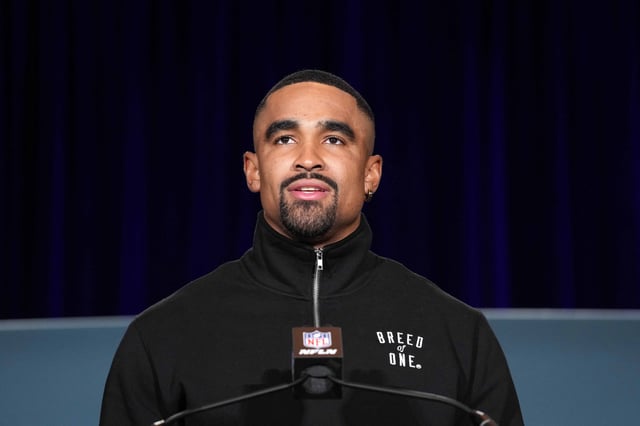 Feb 10, 2025; New Orleans, LA, USA; Philadelphia Eagles quarterback Jalen Hurts (1) speaks at the Super Bowl LIX Winning Head Coach and Most Valuable Player press conference at the Ernest N. Morial Convention Center. Mandatory Credit: Kirby Lee-Imagn Images/ File Photo