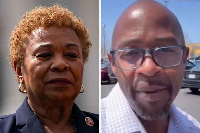 Then House Rep Barbara Lee arriving for a Congressional Progressive Caucus news conference at the U.S. Capitol on May 16, 2024 in Washington, DC. (left) and Loren Taylor in a video his campaign team posted on social media (right).