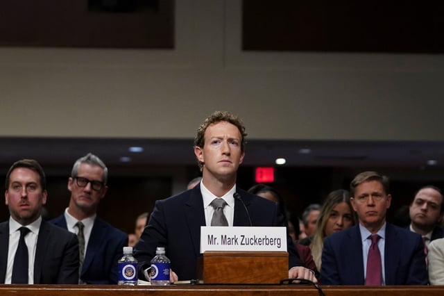 Meta's CEO Mark Zuckerberg gestures during the Senate Judiciary Committee hearing on online child sexual exploitation at the U.S. Capitol, in Washington, U.S., January 31, 2024. REUTERS/Nathan Howard/ File Photo