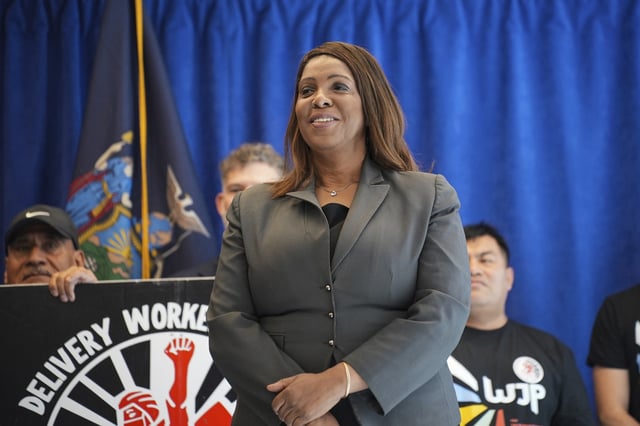 Attorney General Letitia James speaks during a press conference at the Office of the New York State Attorney General on February 24, 2025.