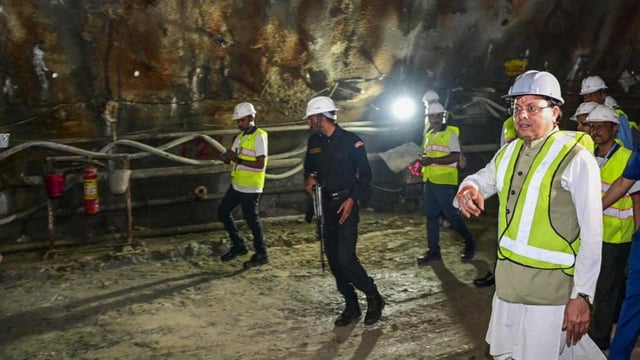 Chief minister Pushkar Singh Dhami attended the breakthrough event of the Silkyara tunnel in Uttarkashi (PTI)