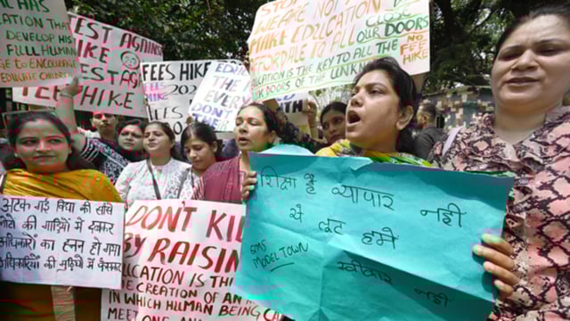 Several parents of students studying in private schools in the Delhi area staged a protest against an alleged fee hike in front of the Directorate of Education office at Delhi Vidhan Sabha in New Delhi, India, on Wednesday, April 16, 2025.